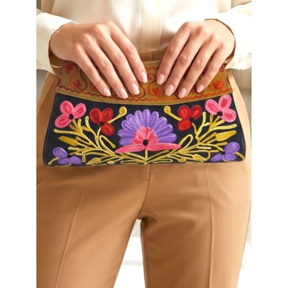 Handcrafted‎ Suede Leather Clutch Floral Embroidered Artisan Boho Statement Bag